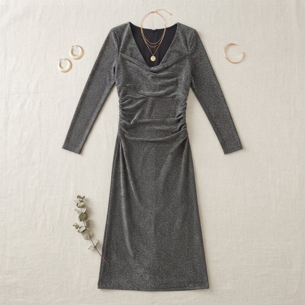 ASTR The Label Midi Dress Womens Small Silver Metallic Ruched Cocktail Party New
